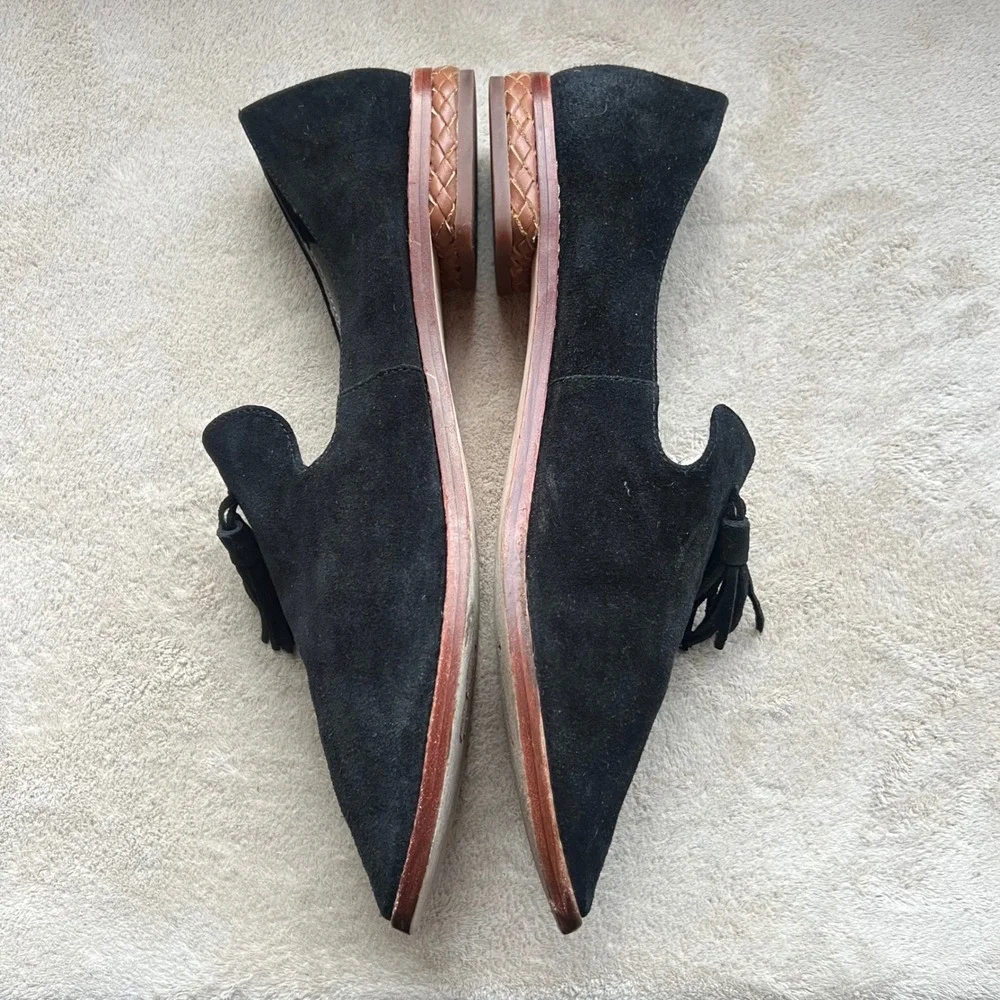 Matt Bernson‎ Women 9.5 Black Suede Tassel Loafers Pointed Toe Flats Preppy